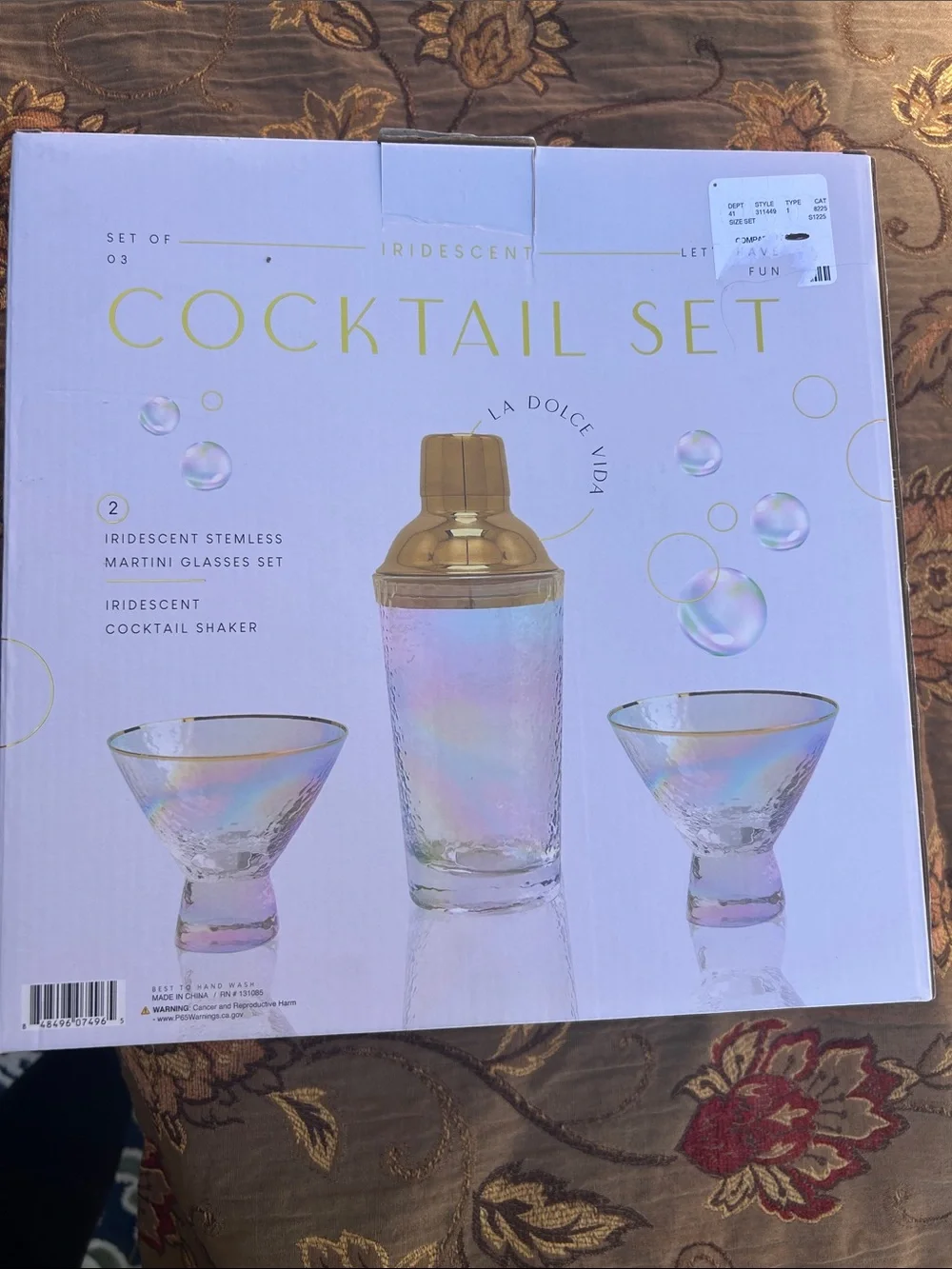 Iridescent Cocktail Shaker & Stemless Martini Glasses Set